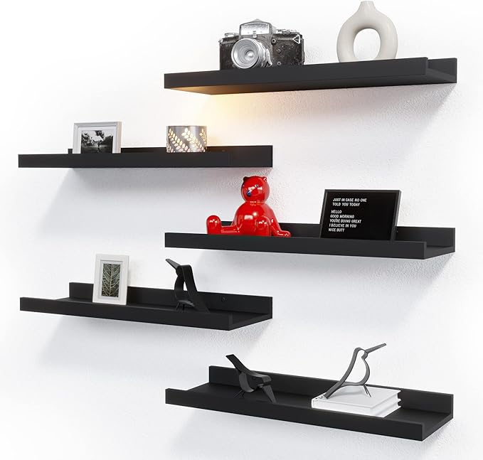 Floating Wall Mounted Shelves, 8pc Set with Lip - Black Nursery Book Shelves for Bedroom