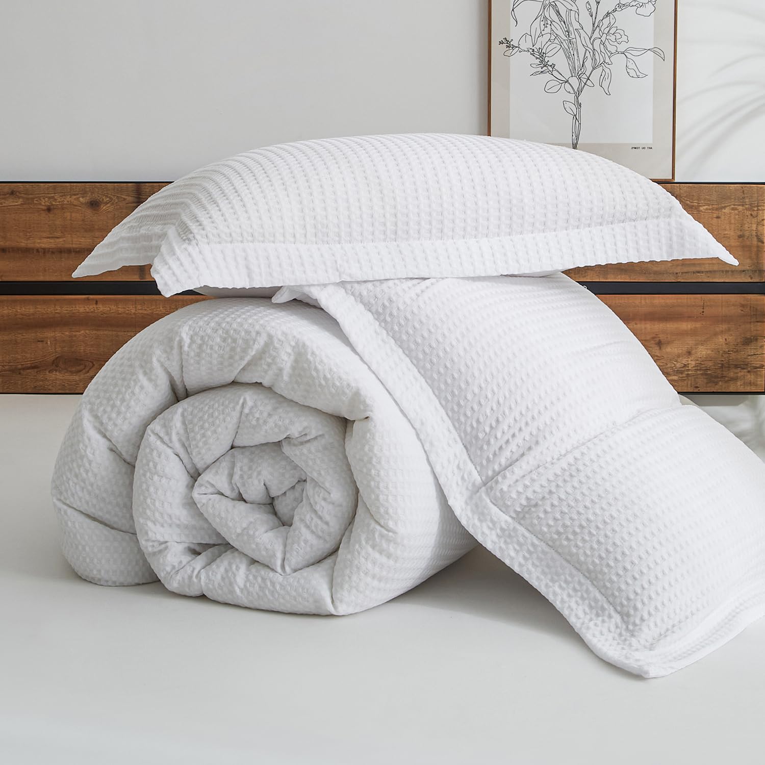 Waffle Comforter Set Queen Size, White Soft Bedding Set for All Season