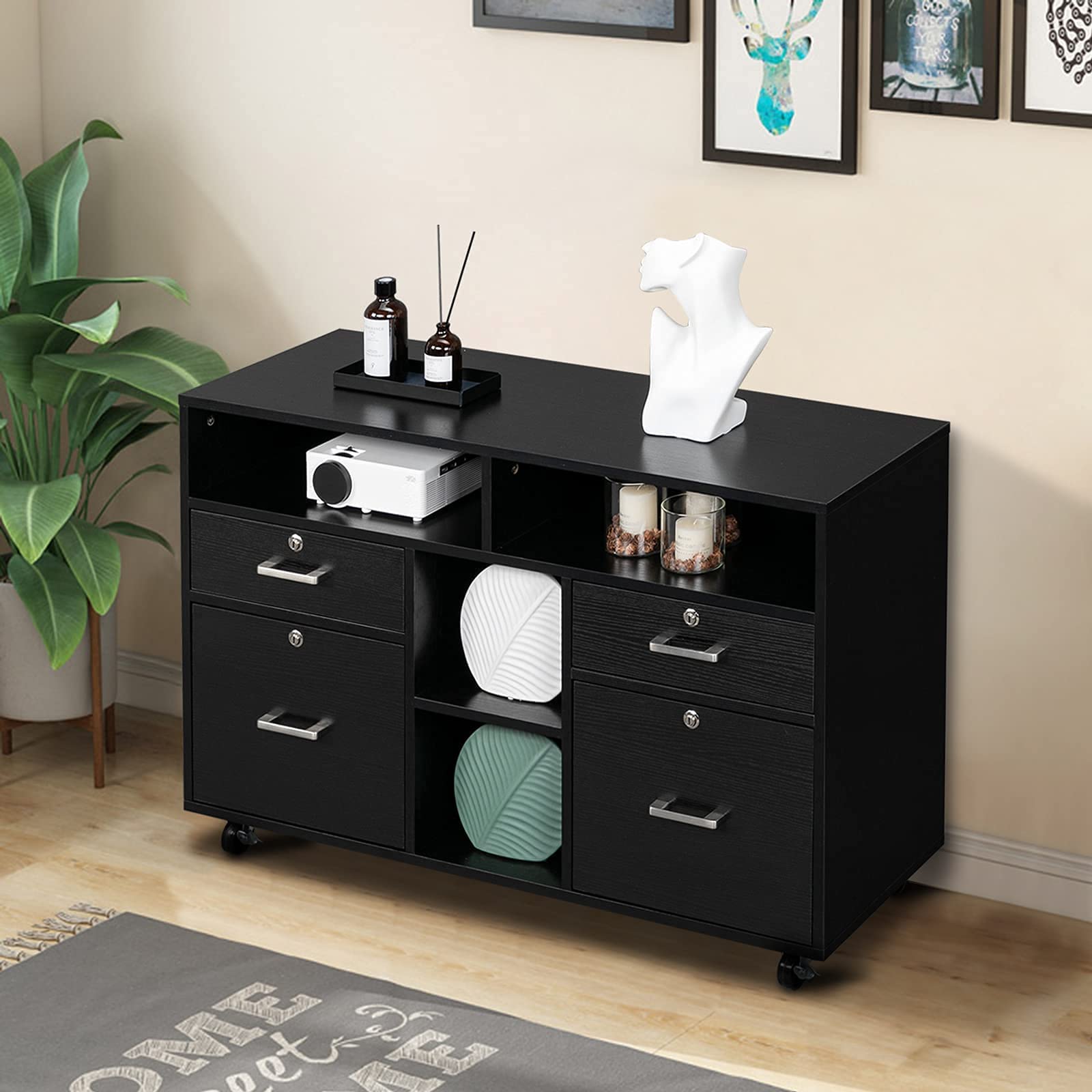 Wood Mobile File Cabinet with 4 Drawers and Shelves, Printer Stand