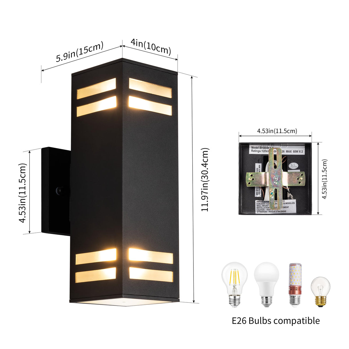 mirrea 12in Modern Outdoor Porch Light Patio Light in 2 Lights with Aluminum Rectangular Tube and Tempered Glass Cover Waterproof Wall Sconce Matte Black 2 Pack