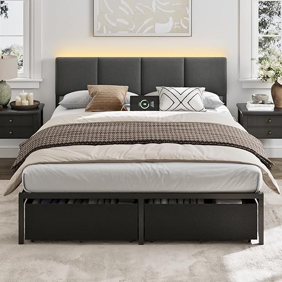Full Size Upholstered Bed Frame with LED Lights & USB Charging
