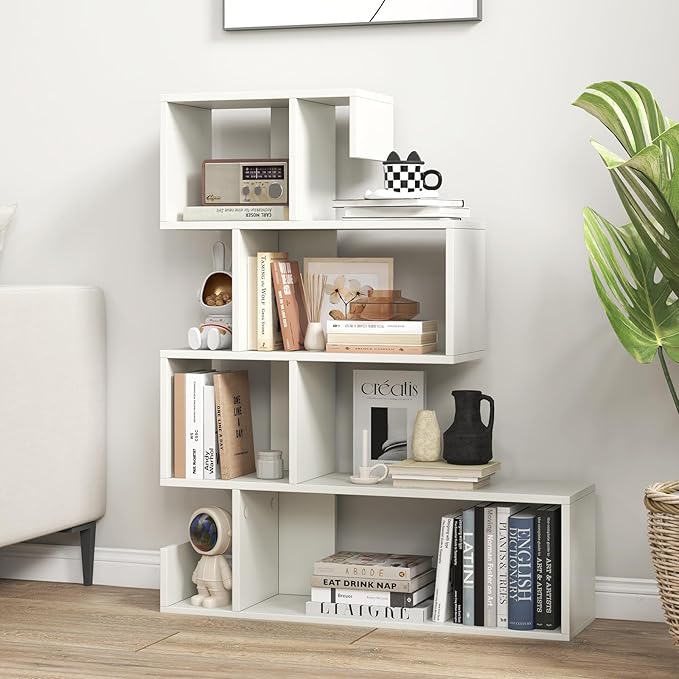S-Shaped Bookshelf, Geometric Bookcase with Open Shelves, 5 Tier Display Shelf, Modern