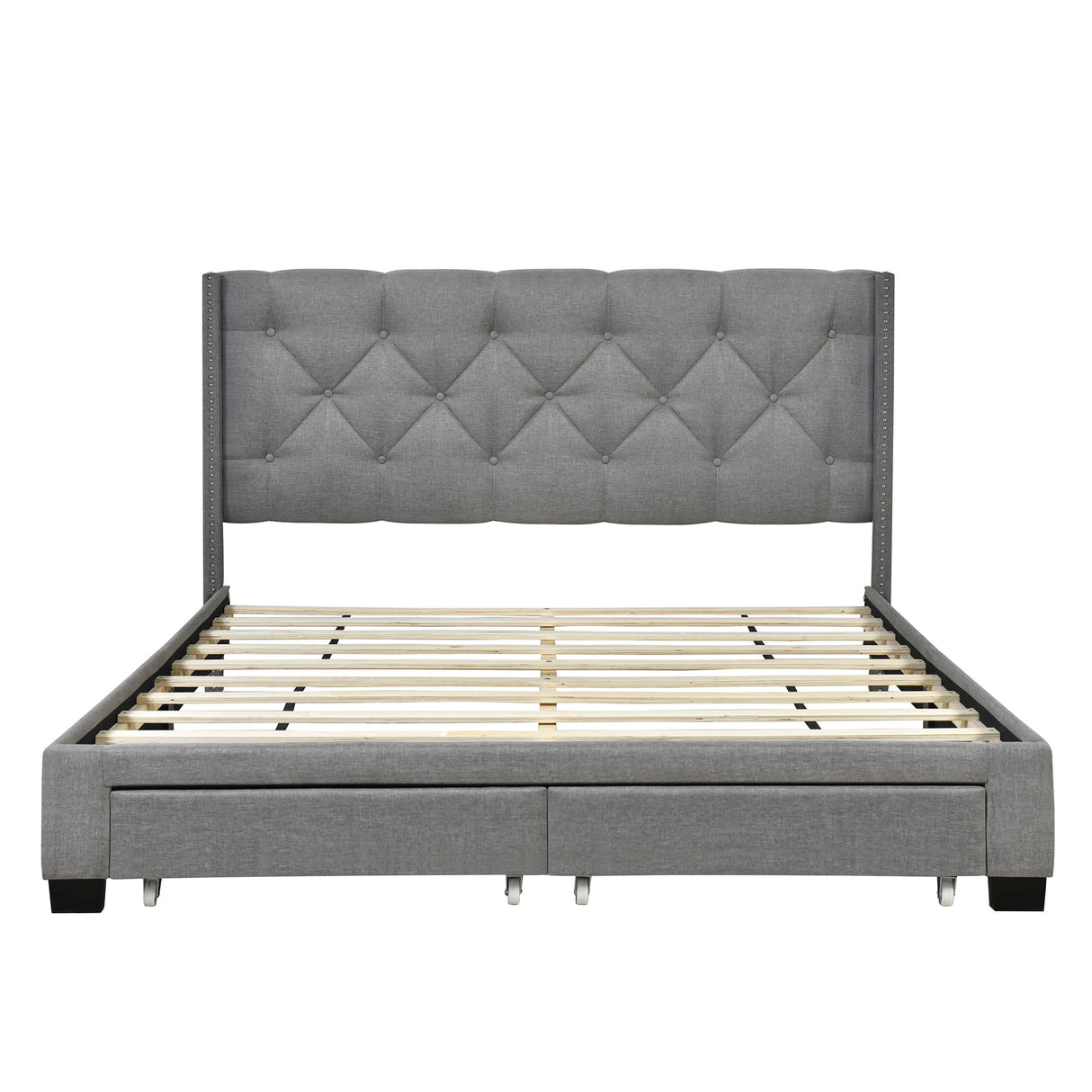 Queen Upholstered Bed with Storage Drawers, Wingback Platform Bed Frame