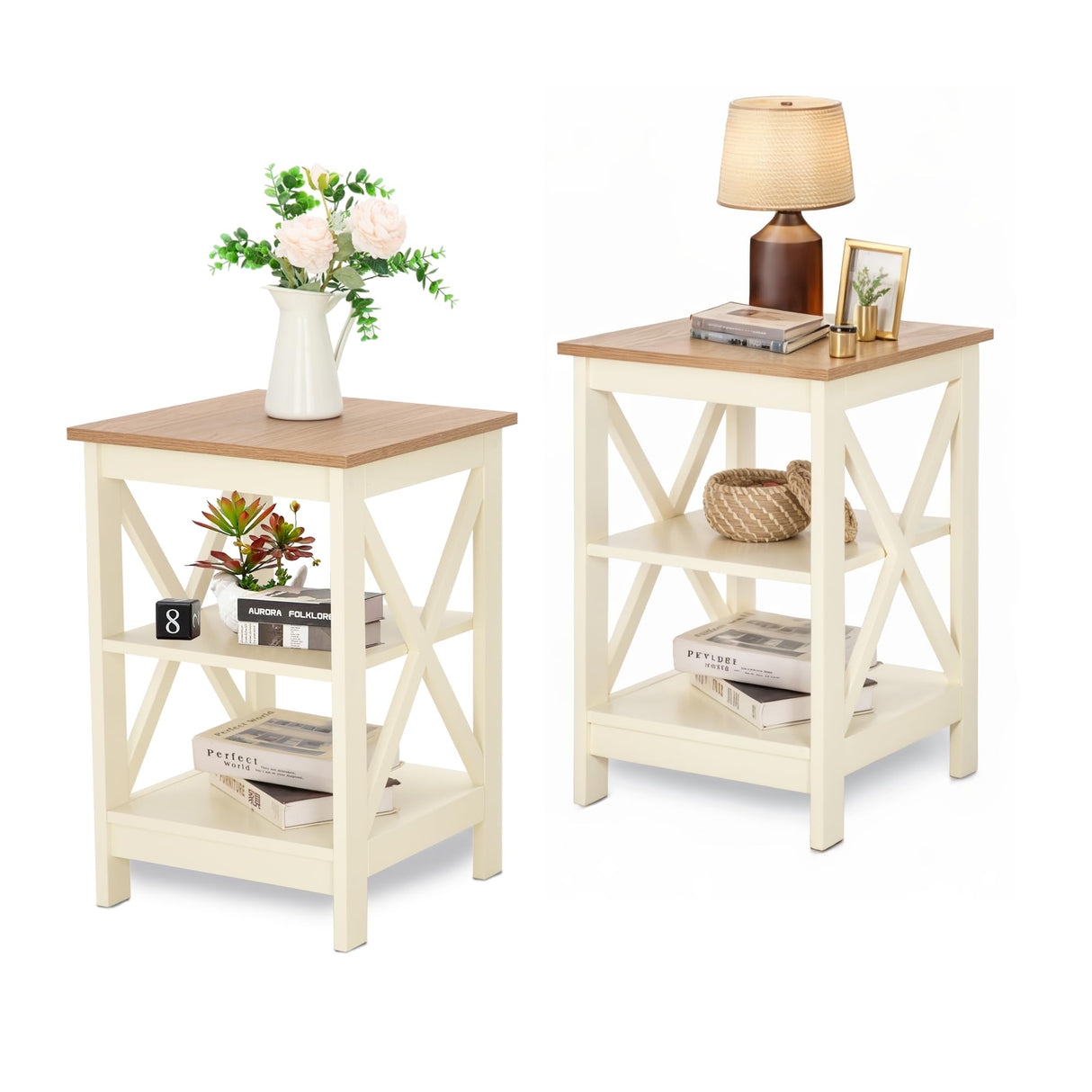 End Tables Living Room Set of 2, Farmhouse Small Side Table 3-Tier Modern Bed Side