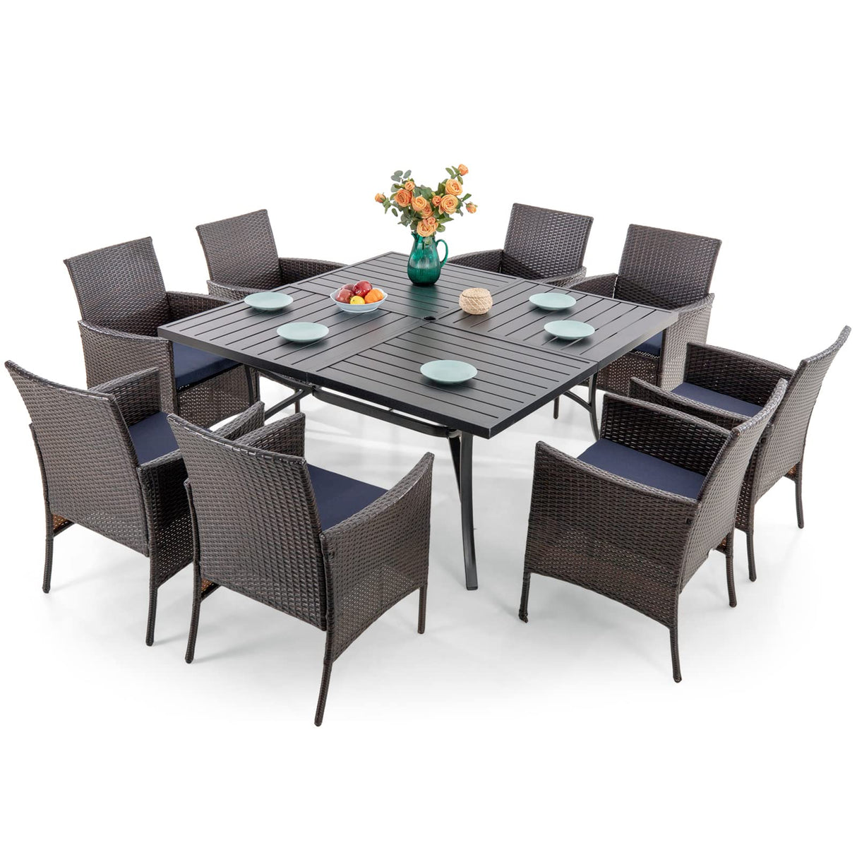 9 Pieces Patio Dining Set for 8, All Weather Square Metal Patio Table and Wicker Chairs