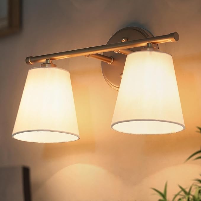 Gold Bathroom Light Fixtures, 4 Light Modern Vanity Lights with White Fabric Shades