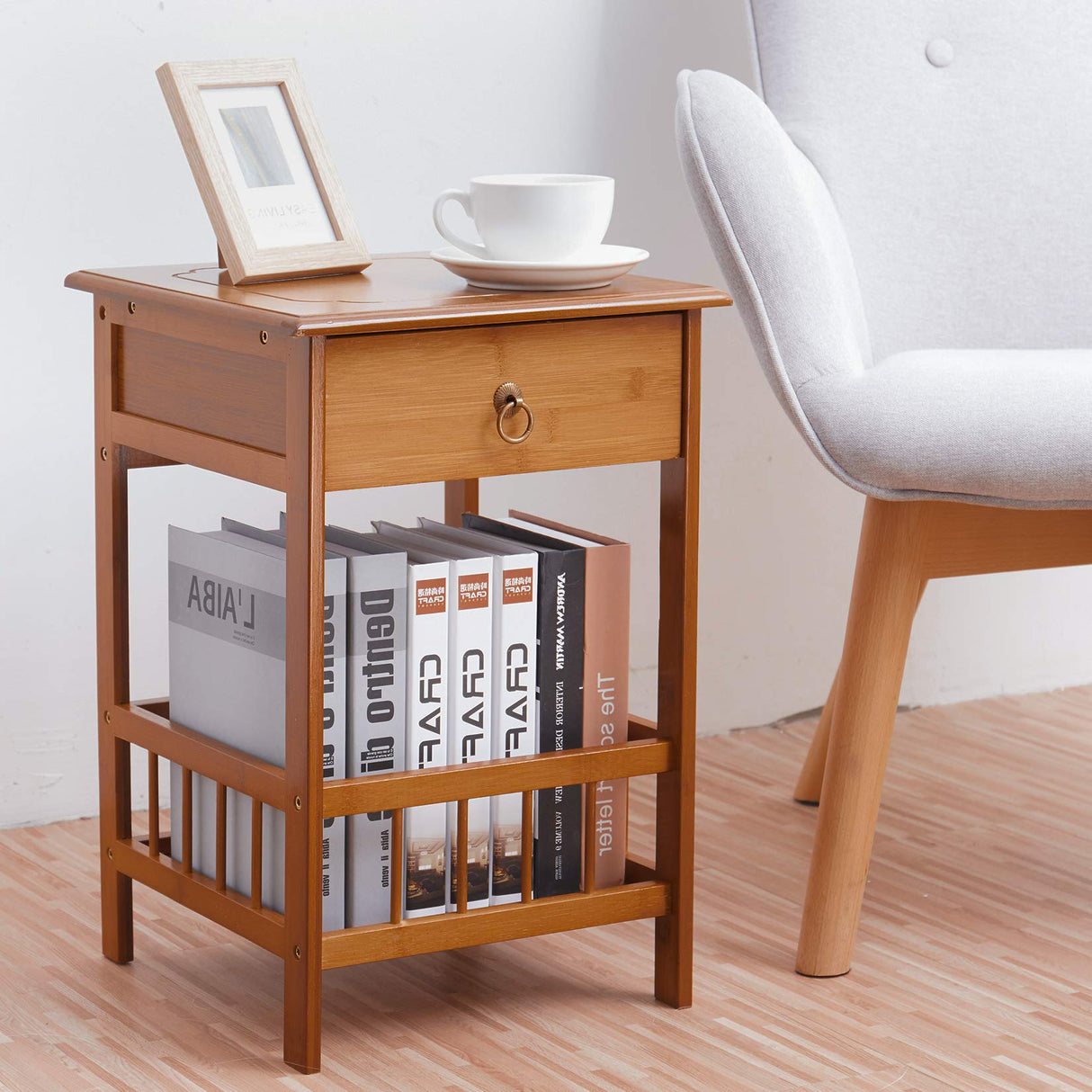 Bamboo End Side Table Nightstand with Drawer for Bedroom