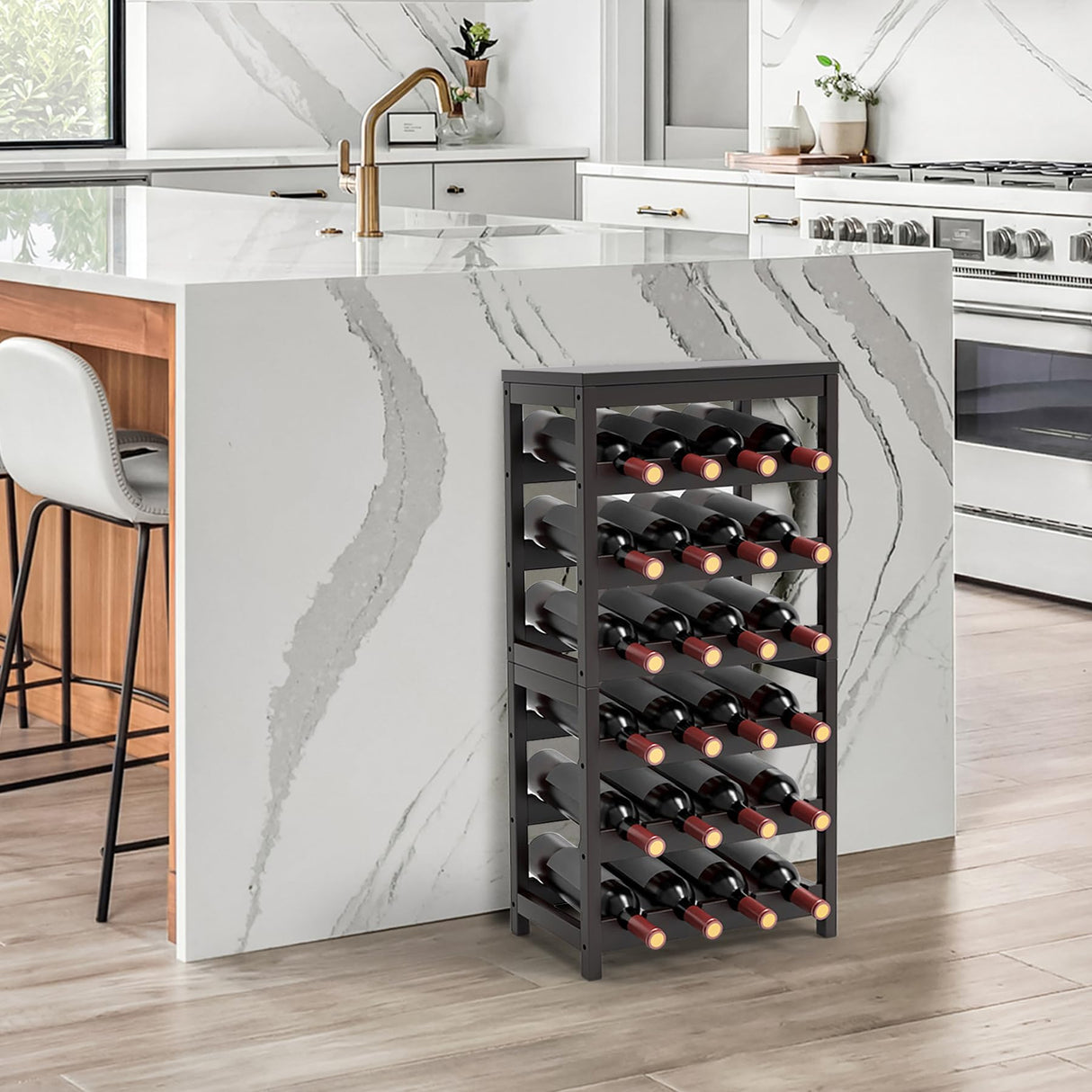 24-Bottle Wine Rack Freestanding Floor, 6-Tier Bamboo Wine Display Rack Storage Shelf