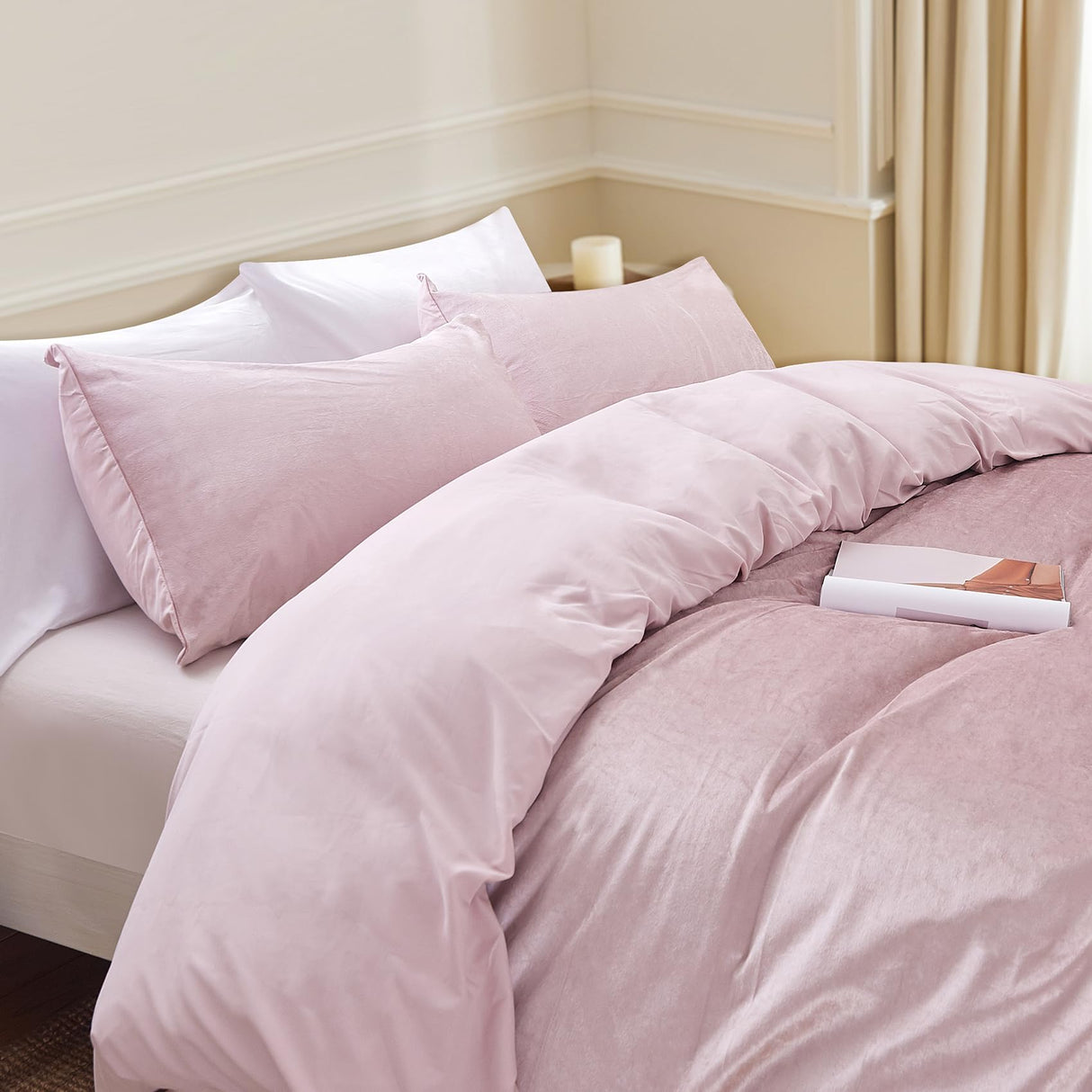 Dirty Pink Velvet Microfiber Duvet Cover Set Queen Size, 3 Piece Reversible Duvet