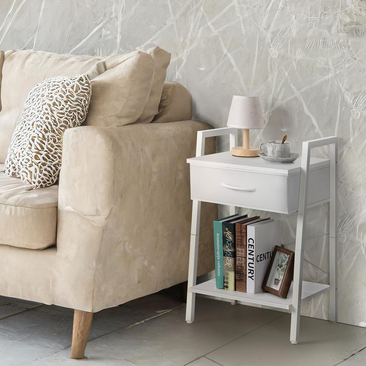 White Night Stand Side Table with Fabric Drawer and Storage Shelf 3-Tier Modern Bedside End