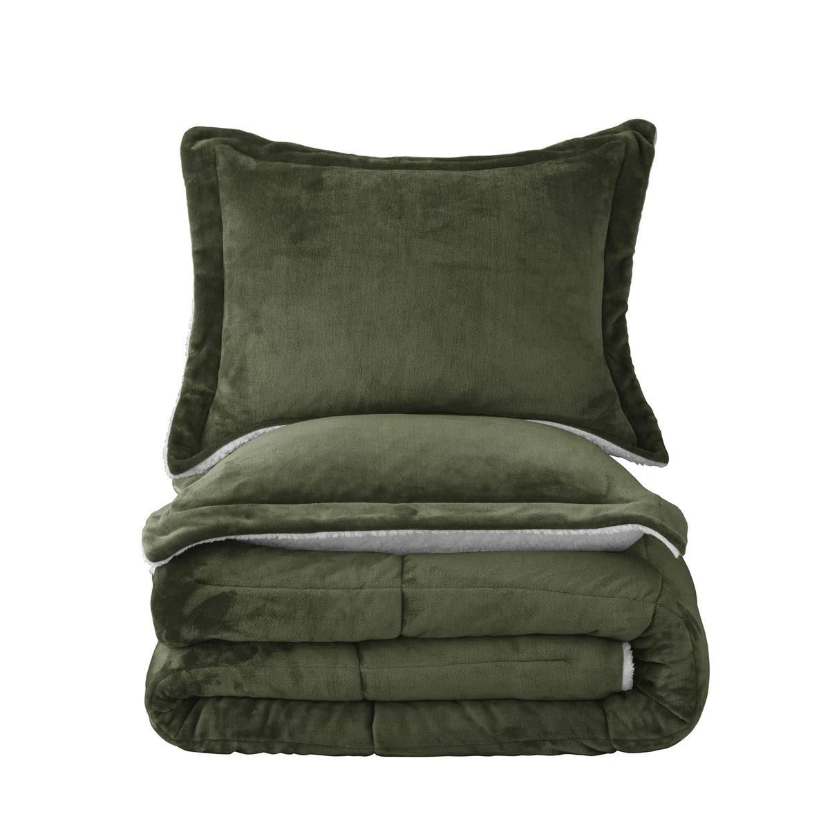 Olive Green Sherpa Comforter Set Full Queen Size, Soft All Season Down Alternative