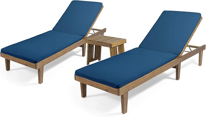 Garfield Outdoor Acacia Wood 3 Piece Chaise Lounge Set, Teak Finish, Blue