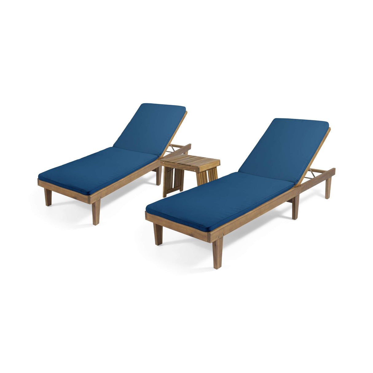 Garfield Outdoor Acacia Wood 3 Piece Chaise Lounge Set, Teak Finish, Blue