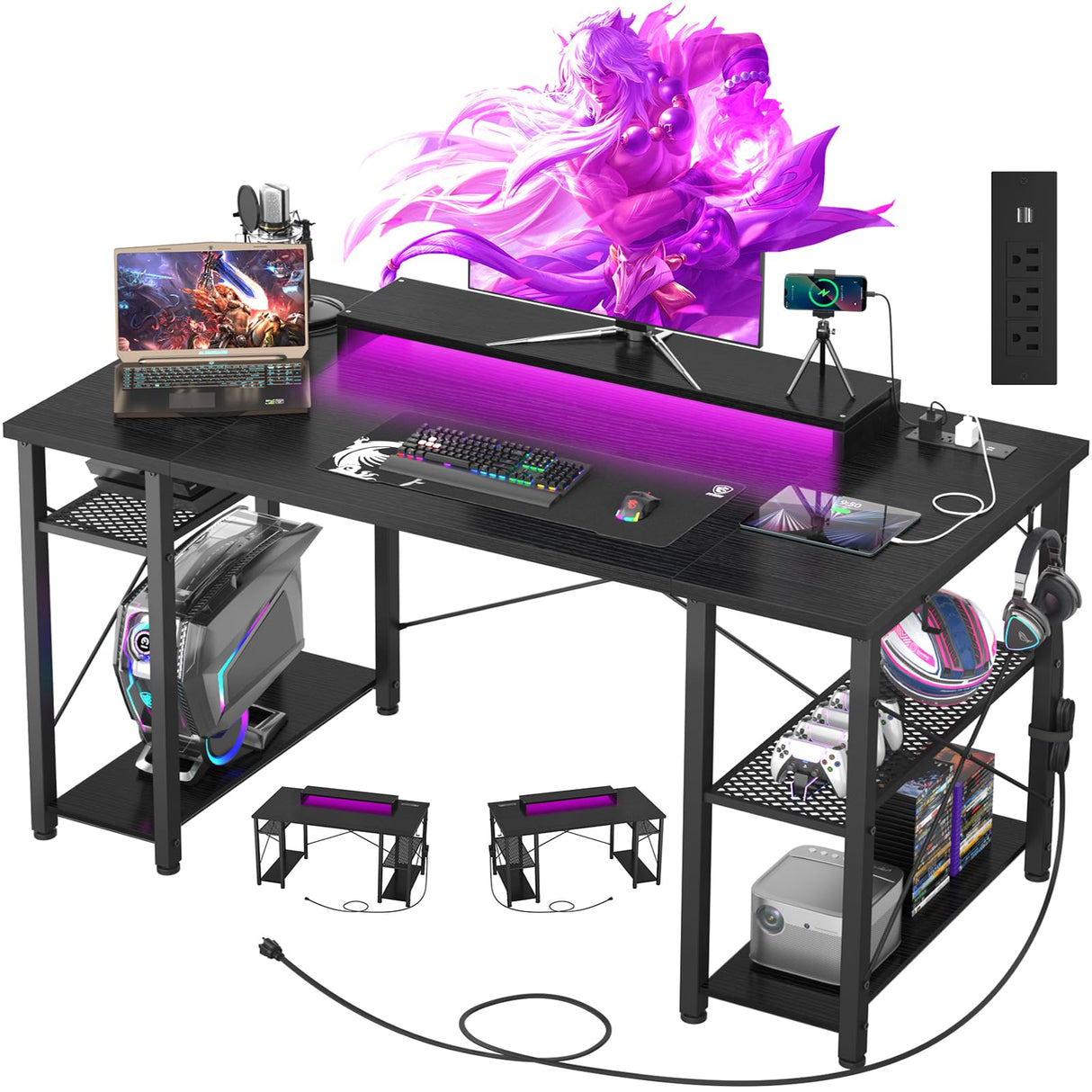 47 Inch Gaming Desk - Computer Desk with LED Lights & Power Outlet, Home Office Writing Desk