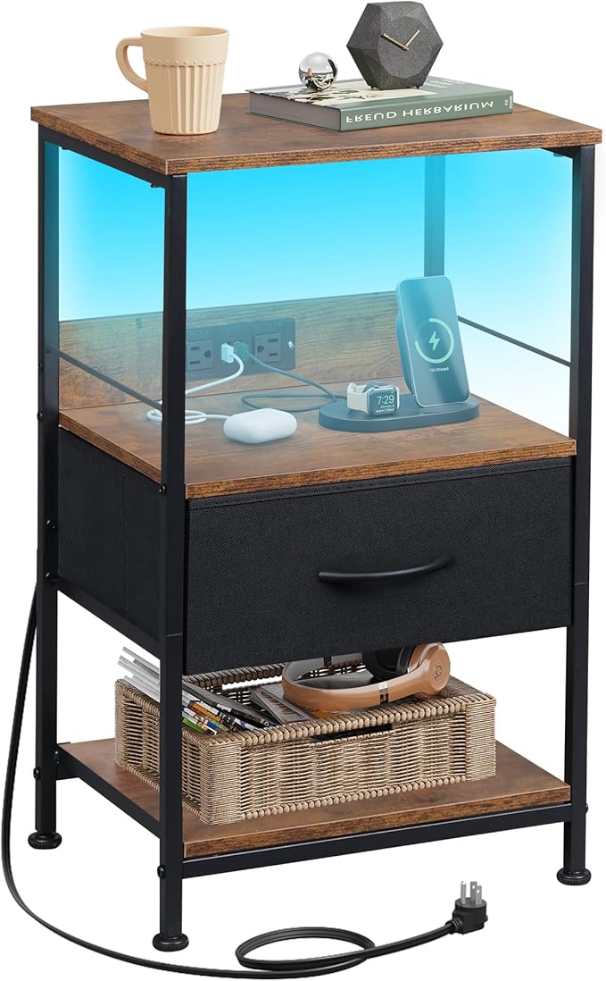 Night Stand with Charging Station, LED Nightstand
