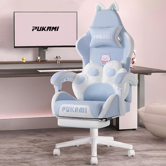 Pink Gaming Chair with Cat Ears - Ergonomic Reclining PC Chair with Footrest