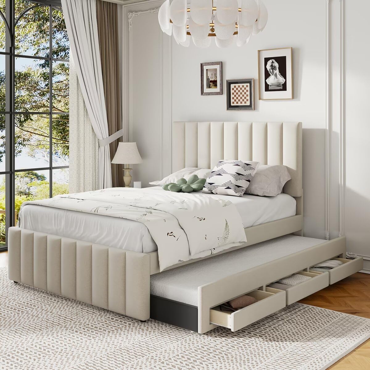 Upholstered Platform Bed with Twin Size Trundle and 3 Drawers, Linen Fabric, Beige