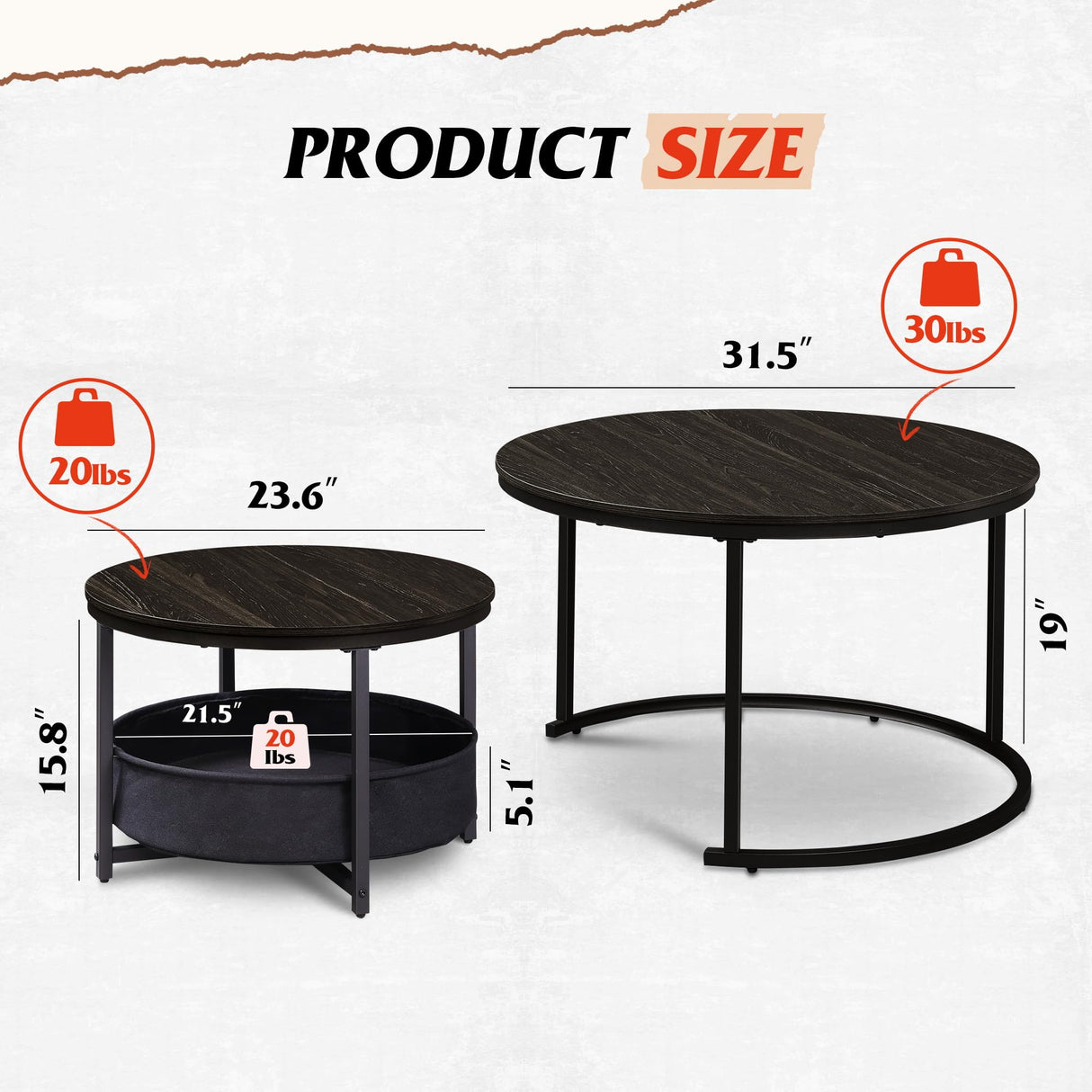 Round Coffee Table Set of 2, 31.5" and 23.6" Nesting Table for Living Room