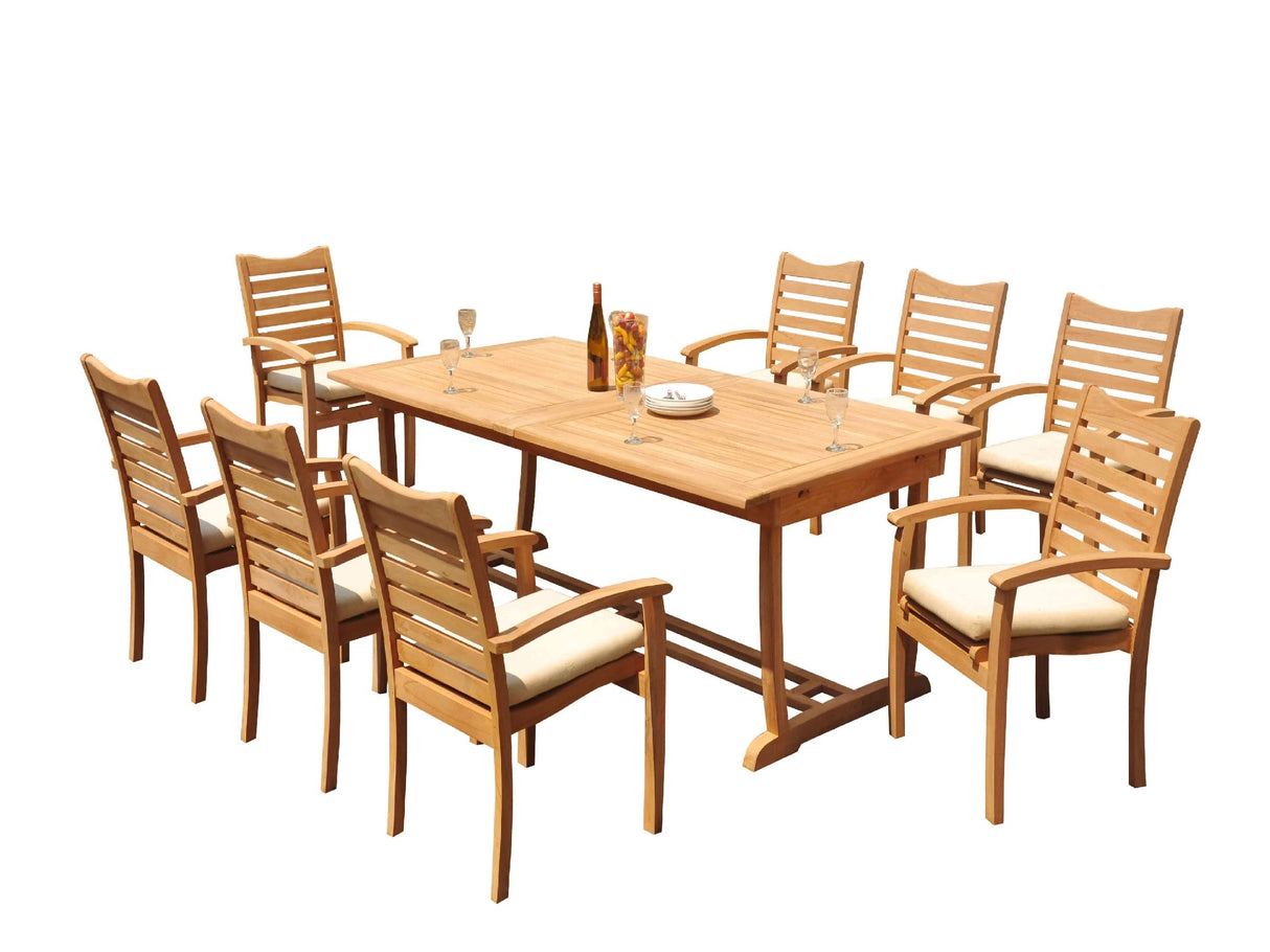 8 Seats 9 Pcs Grade-A Teak Wood Dining Set: 94" Double Extension Mas Rectangle Trestle Leg Table