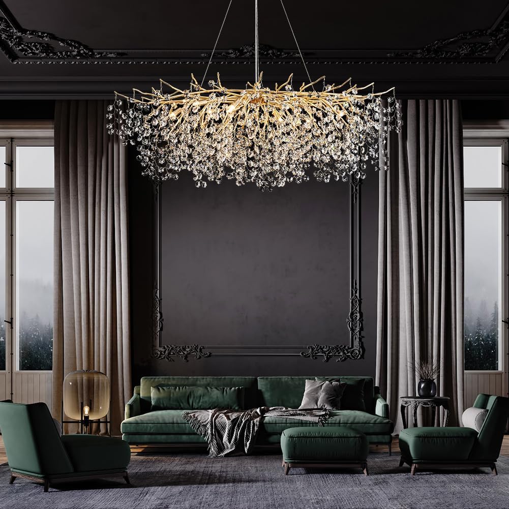 Gold Modern Crystal Chandeliers, Rectangle Snowflake Tree Branch Chandelier