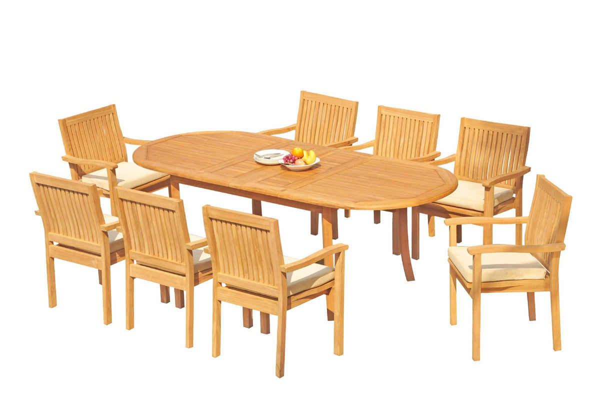 8 Seats 9 Pcs Grade-A Teak Wood Dining Set: 94" Double Extension Oval Table