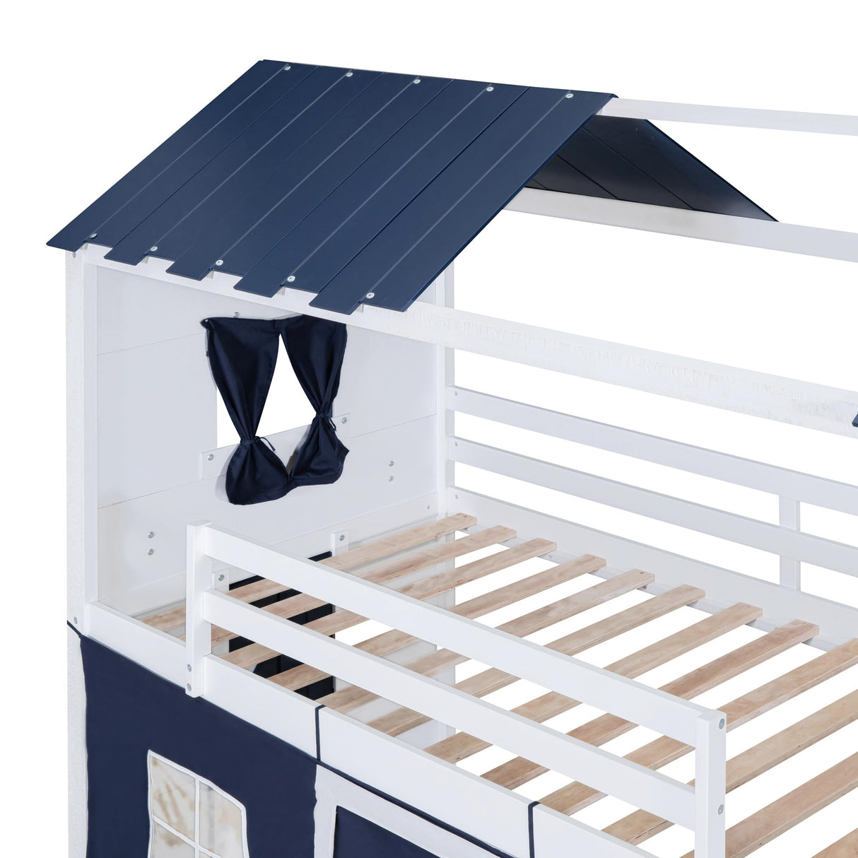 Twin Bunk Wood House Bed with Elegant Windows, Sills and Tent, Blue+White