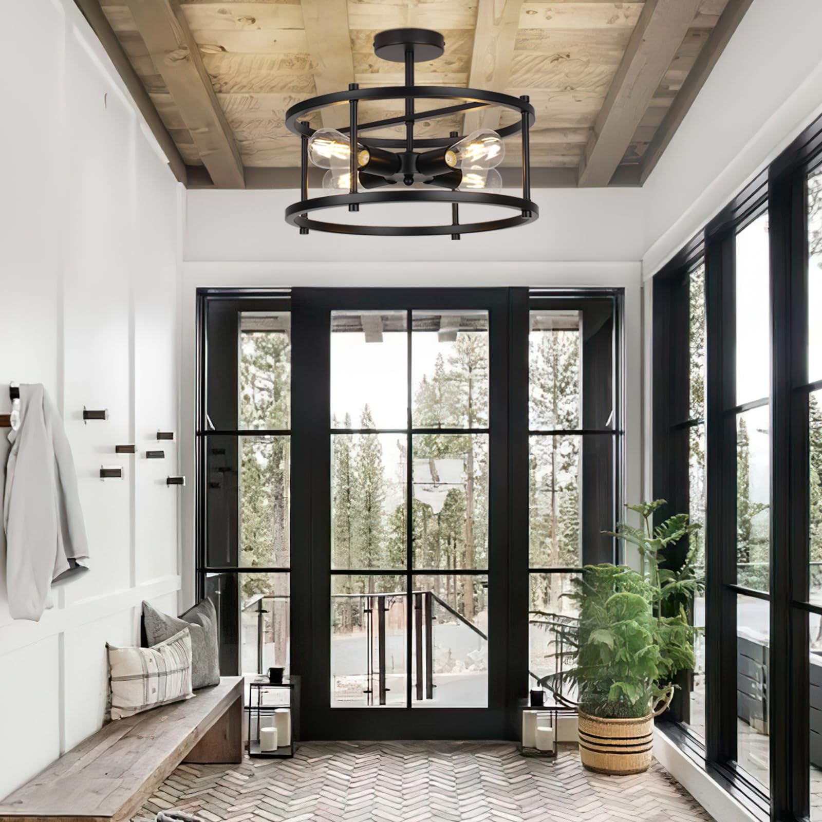 16" Semi Flush Mount 4-Light Industrial Ceiling Light, Black Chandelier