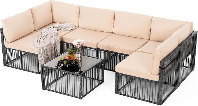 7 Pieces Outdoor Sectional, All-Weather PE Rattan Patio Furniture Set