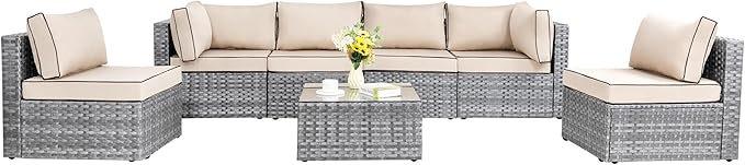 7 Pieces Outdoor Patio Sectional Sofa Couch, Silver PE Wicker Furniture Sets