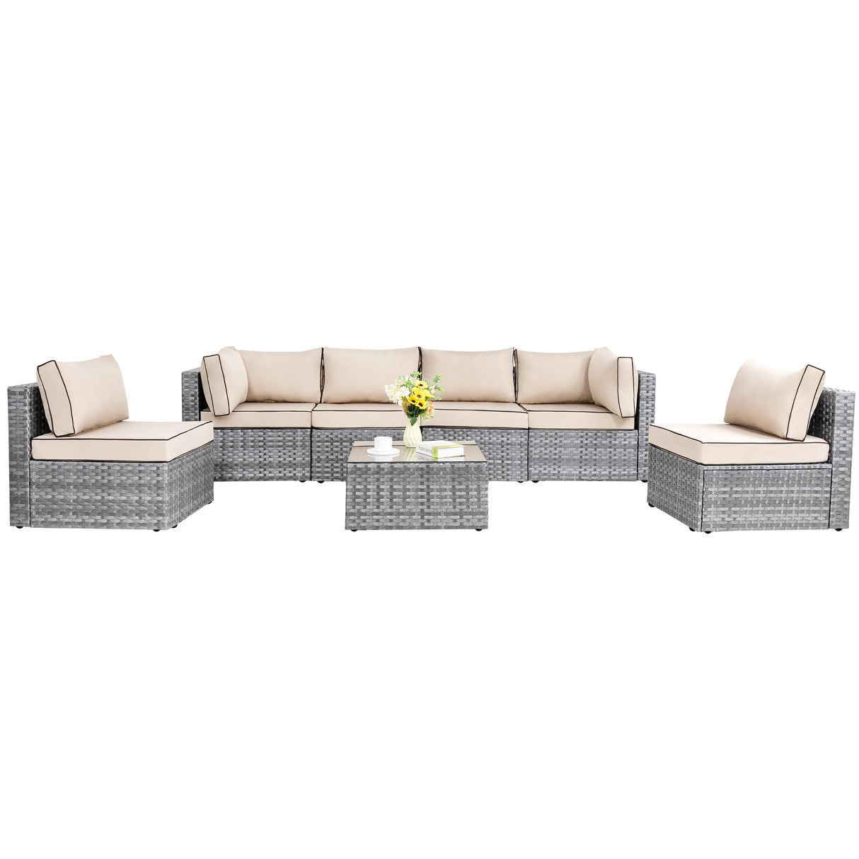 7 Pieces Outdoor Patio Sectional Sofa Couch, Silver PE Wicker Furniture Sets