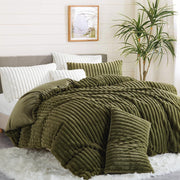 Fluffy Faux Fur Duvet Cover Queen Size Velvet Flannel Olive Green Striped Reversible Comforter