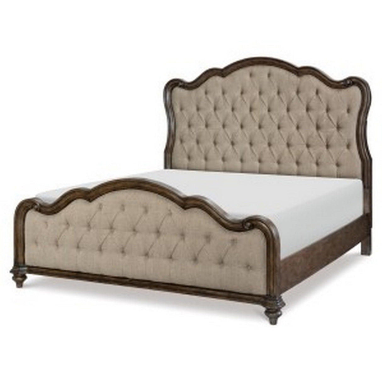 Deborah Queen Bed, Button Tufted Beige Fabric Upholstery, Brown Wood