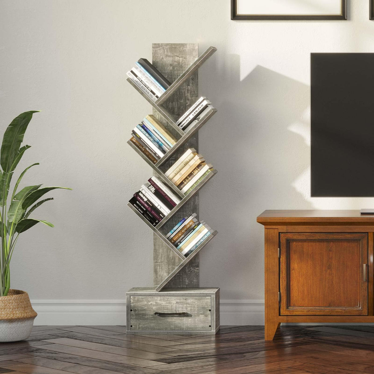 Rolanstar Bookshelf with Wooden Drawer, 7 Shelf Tree Bookshelf, Modern Book Storage, Free Standing Tree Bookcase, Utility Organizer Shelves for Home Office, Living Room, Bedroom, Light Grey