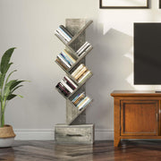 Rolanstar Bookshelf with Wooden Drawer, 7 Shelf Tree Bookshelf, Modern Book Storage, Free Standing Tree Bookcase, Utility Organizer Shelves for Home Office, Living Room, Bedroom, Light Grey
