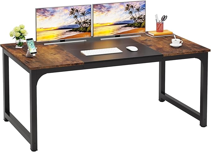 63 Inch Large Executive Computer Office Desk, Brown+Black