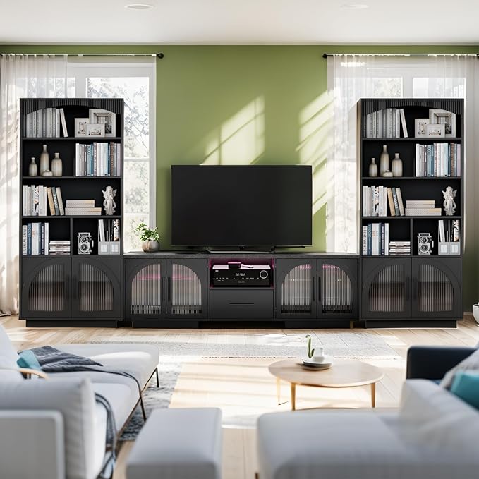 70" TV Stand for 80 Inch TVs, Entertainment Center with LED Lights and Arched Glass Doors