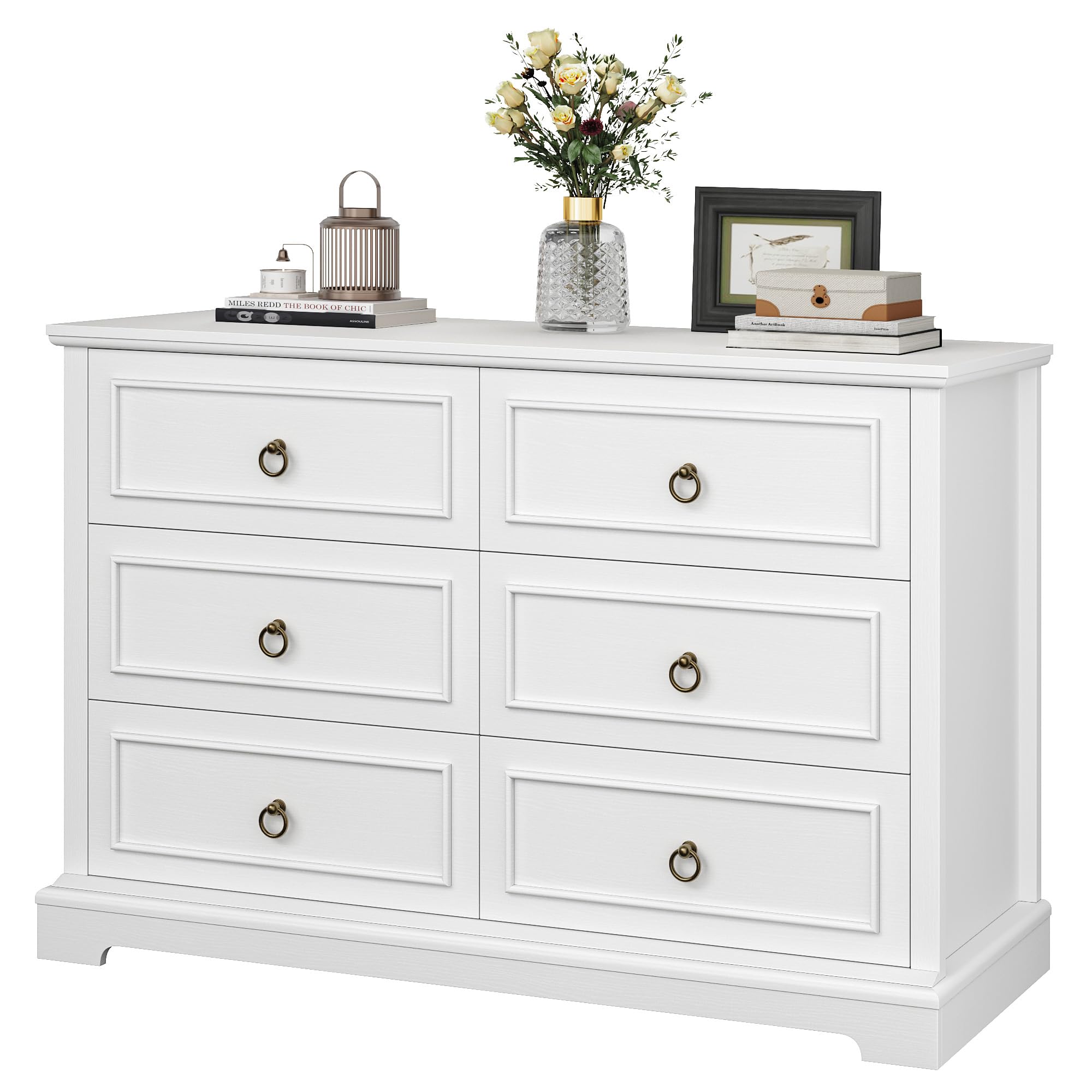 HOSTACK 6 Drawers Dresser for Bedroom, White Dressers & Chests of Drawers, 47.2" Wide Wood Double Dresser, Modern Farmhouse Storage Dressers, 6 Drawer Chest for Living Room, Entryway, Hallway