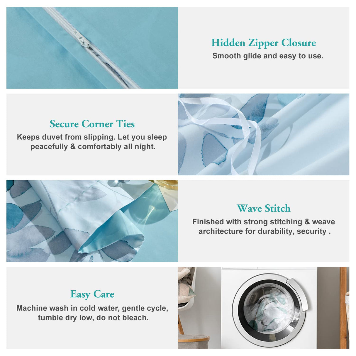 MILDLY 100% Long Staple Cotton Duvet Cover Set Gradient Blue Leaves Printed Comforter Cover Set Farmhouse Plant Comforter Cover Set