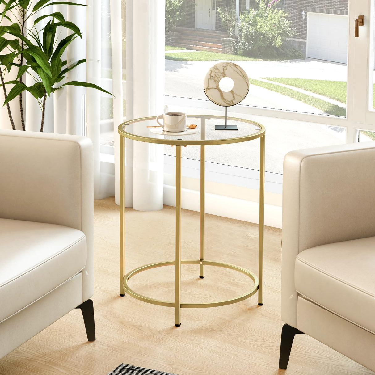 19.7’’ Round Glass End Table, Round Bedside Table with Tempered Glass Top
