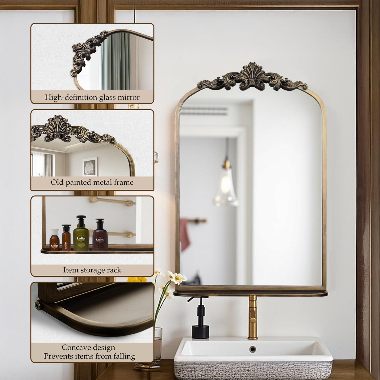 Gold Arch Baroque Mirror with Shelf 20x32
