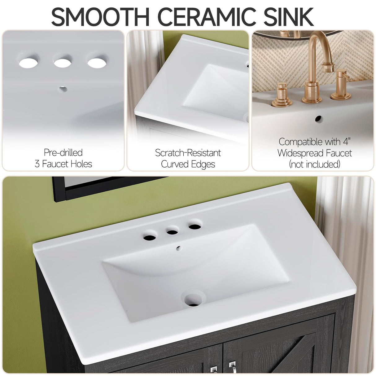 ONBRILL Farmhouse Bathroom Vanity with Sink, Freestanding Bathroom Vanities with Ceramic Basin & Soft-Close Door, Wood Storage Cabinet with Adjustable Shelf for Apartment & Small Space (Black, 30")