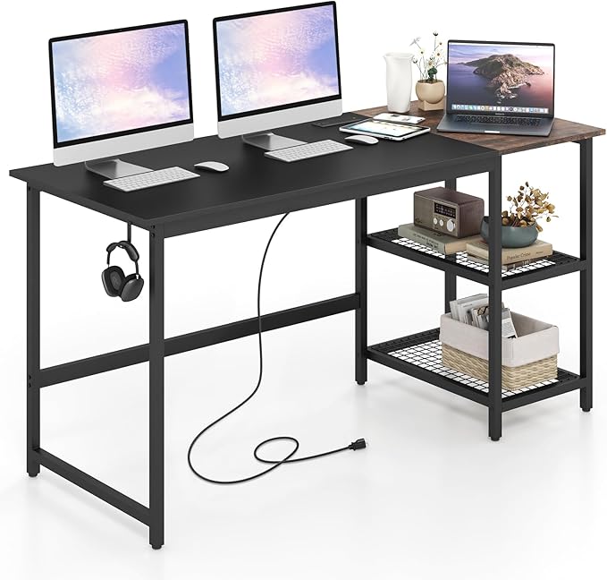 59 Inch Computer Desk with Charging Station, Home Office Desk with Hook & 2 Tier Storage Shelves, Industrial Modern PC Laptop Desk Computer Workstation Writing Study Desk with Metal Frame