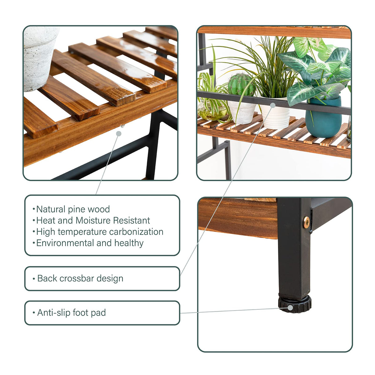 ULIKE Plant Stand Outdoor Indoor Hanging Plant Shelf for Multiple Plants 3 Tier Tall Plant Stand Wood Rack with Metal Frame for Patio Garden Balcony