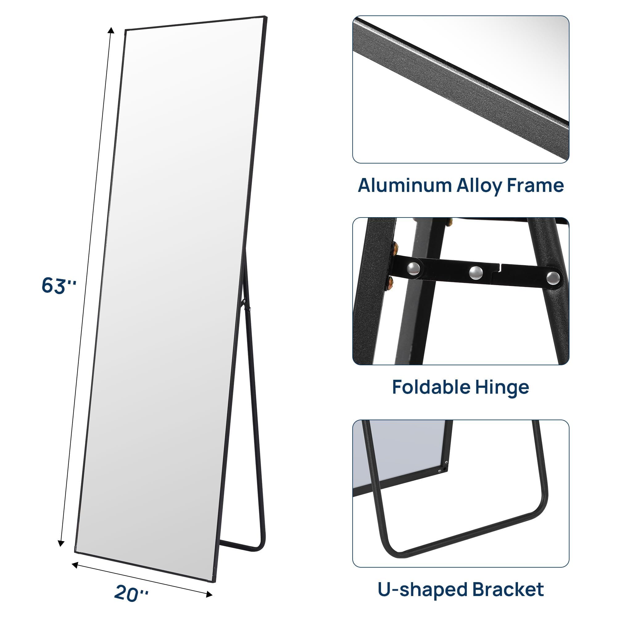 63"x20" Full Length Mirror with Stand, Large Body Mirror Hanging or Leaning Against Wall