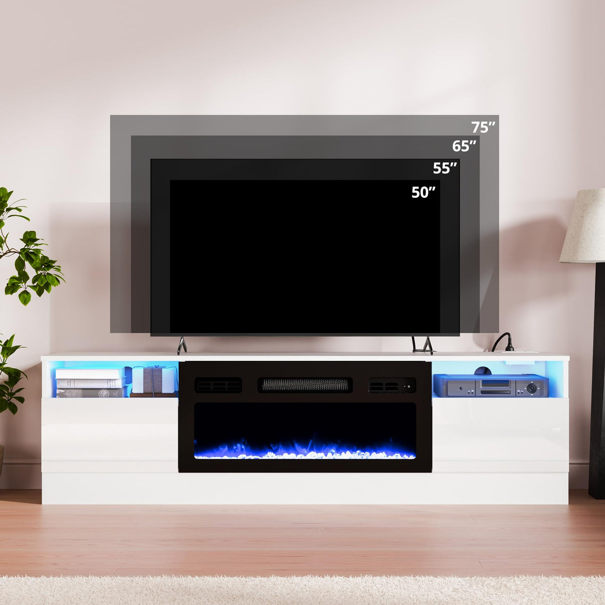 LED High Gloss TV Stand with Electric Fireplace - White