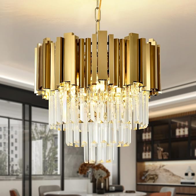 Crystal Chandelier Gold Pendant Light Fixtures, Oval Crystal Pendant Lighting for Living
