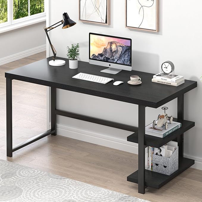 Industrial Computer Desk, Home Office Desk with Storage Shelves, Wood Study Writing