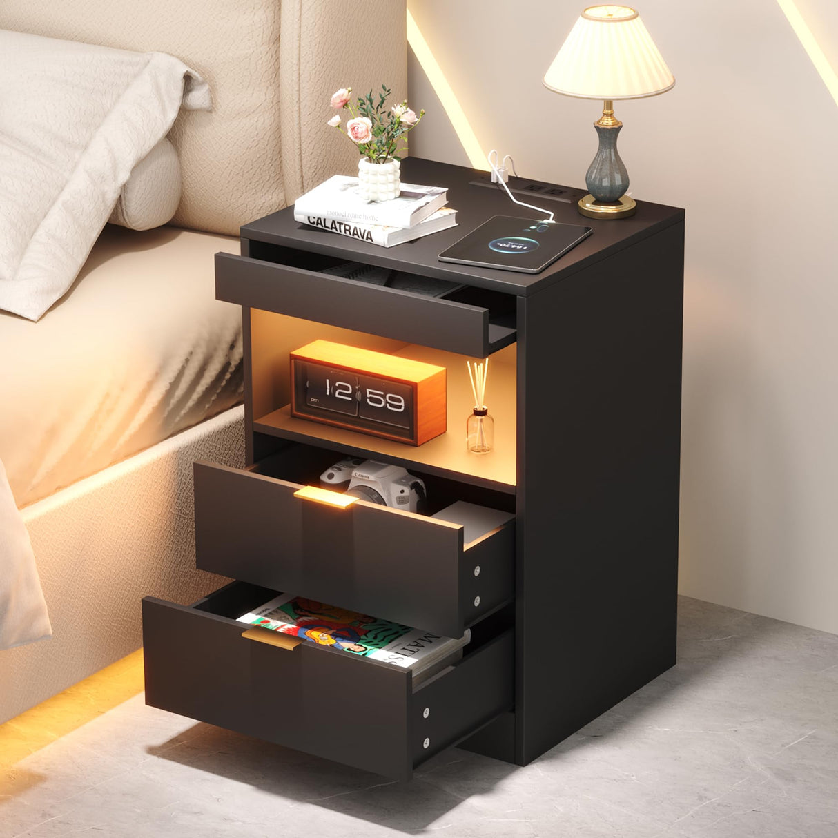 Night Stand, Bedside Table, LED Nightstand with Charging Station, Modern Night Stand