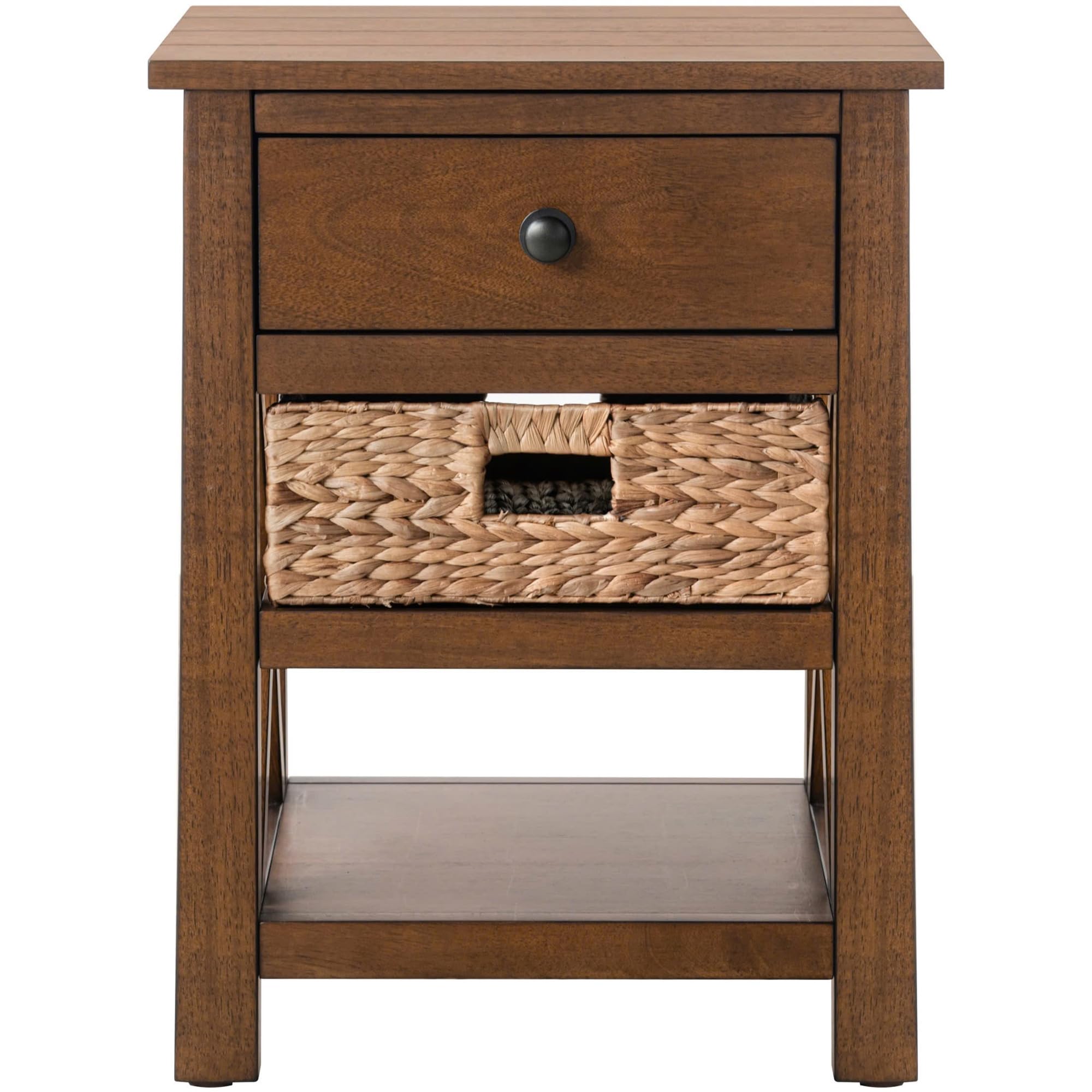 X-Side Nightstand End Table Side Table with Drawer, 2 Storage Shelves and Wicker Basket