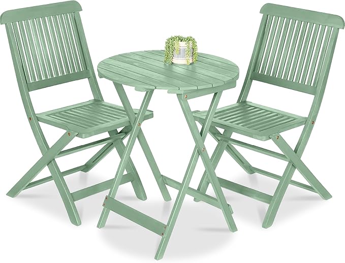 Acacia Wood Bistro Set - 3-Piece Folding Patio Furniture with 2 Chairs & Round Coffee Table